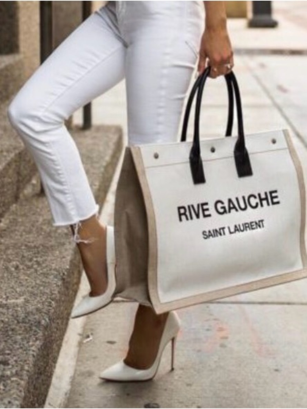 Saint Laurent Rive Gauche White Canvas Tote with Beige Trim and Black Handles